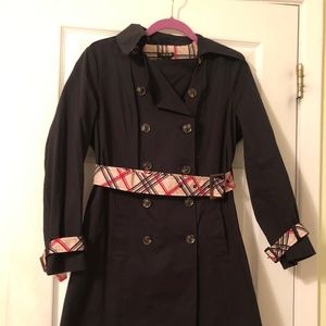 New Iman Double Breasted Black Trench Coat w/ Plaid Belt & Plaid Accent Sleeves